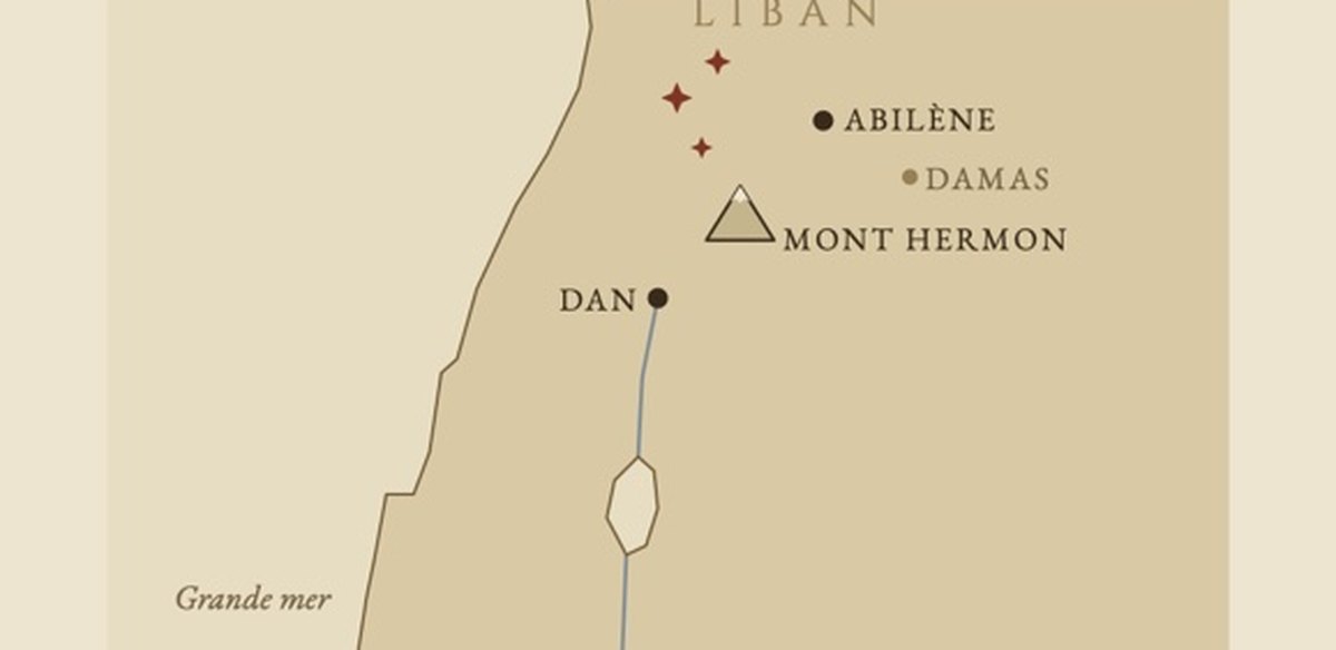 Le nord du pays d'Israël : le mont Hermon, Dan et le Jourdain. Carte de la couverture du Livre d'Hénoch, volume 2.