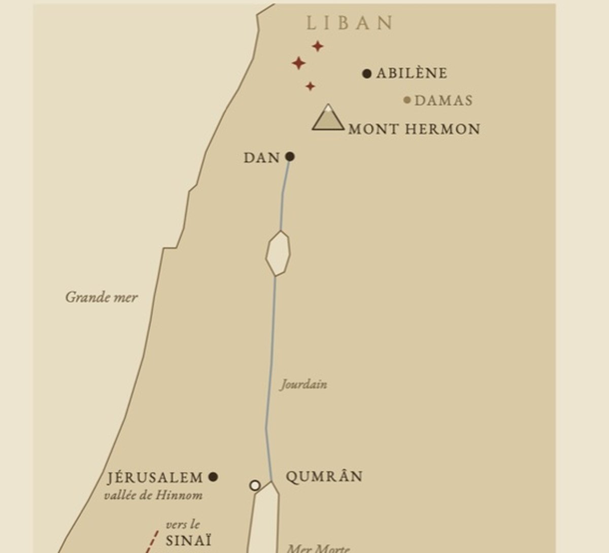 Le mont Hermon, où descendirent les Veilleurs selon 1 Hénoch 6:6. Carte de la couverture du Livre d'Hénoch, volume 1.