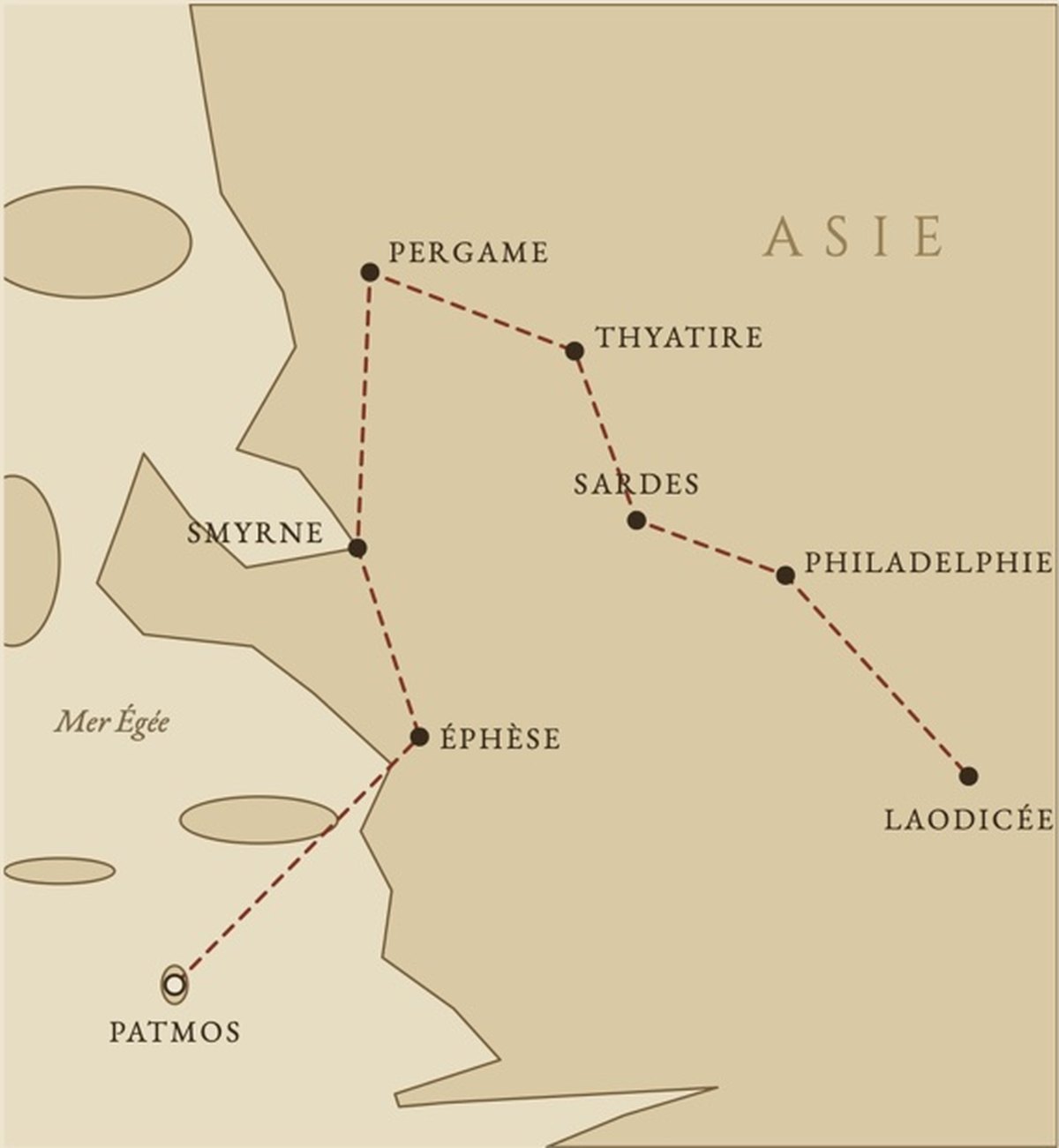 Les sept assemblées d'Asie auxquelles Jean adresse son livre, de Patmos à Laodicée. Carte de la couverture de Révélation de Jésus-Christ.
