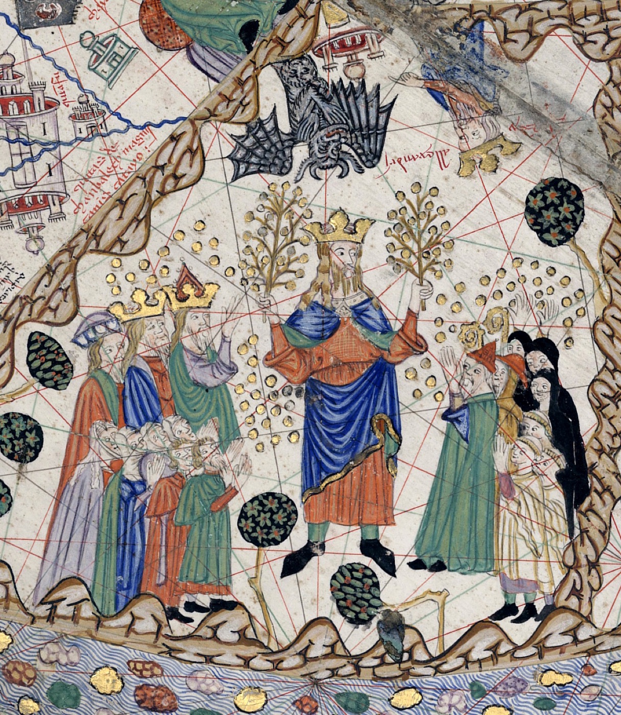 Atlas catalan (1375) : une figure couronnée entourée de foules, que les spécialistes identifient à l'Antéchrist séduisant les nations. Bibliothèque nationale de France, domaine public.