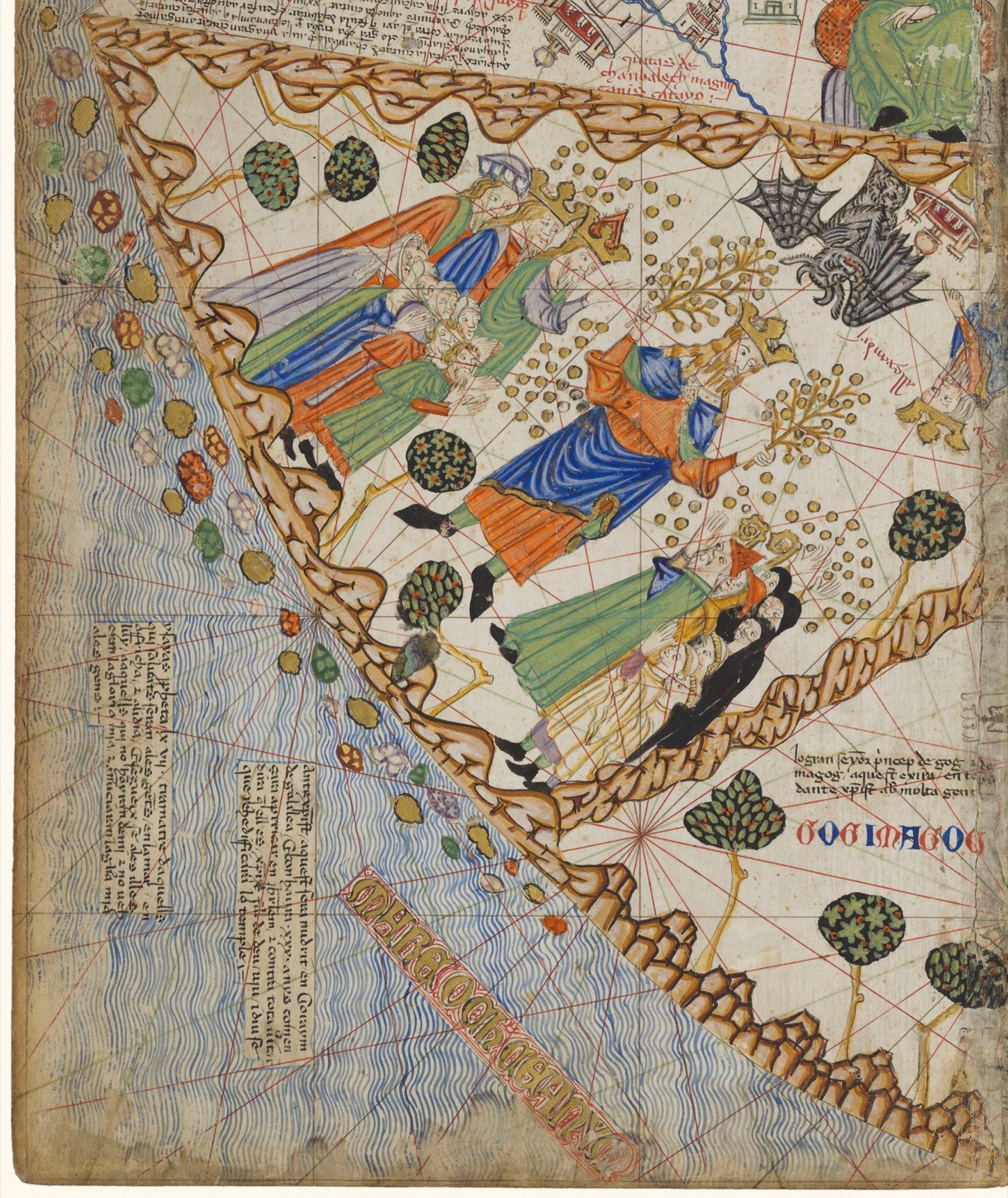 Atlas catalan (1375), planche 6 : à l'extrême nord-est de l'Asie, l'enclos de « Gog e Magog », le prince des nations de la fin et, plus haut, une figure couronnée que les spécialistes identifient à l'Antéchrist. Bibliothèque nationale de France, domaine public.